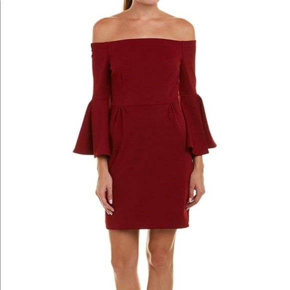 NWT Trina Turk Off Shoulder Bell Sleeve Mini Dress in Burgundy Sz. 4 - Picture 1 of 3